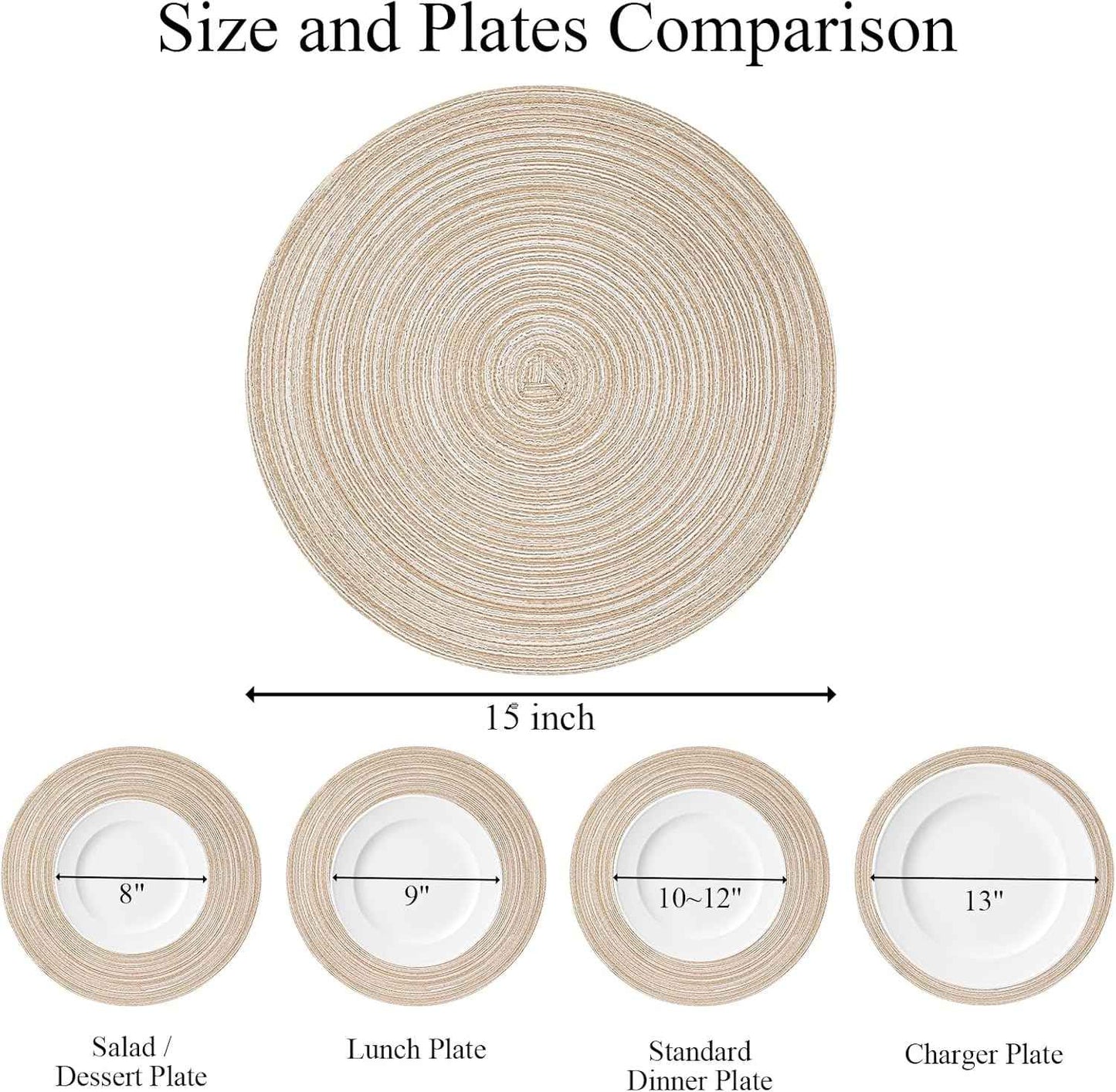 SHACOS 15 inch Round Braided Placemats Set of 6 Non Slip Heat Resistant Cotton Polyester Table Mats Washable Place Mats for Kitchen Dining Party Table Decor (Beige, 6)