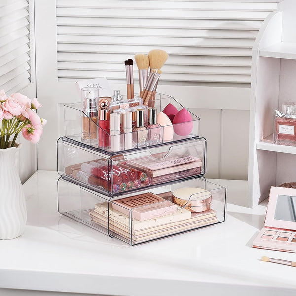 3 Tier Clear Makeup Organizer with Drawer for Countertop and Bathroom Vanity