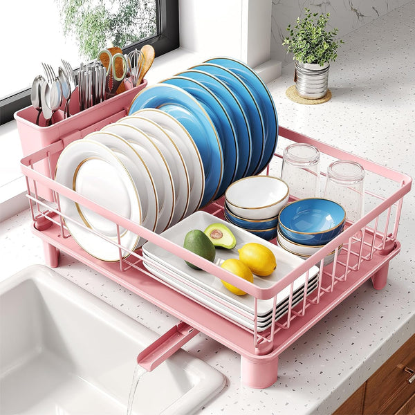 Space-saving stainless steel dish drying rack for kitchen counter