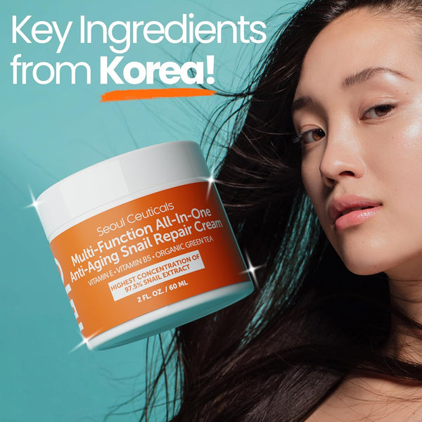 SeoulCeuticals 97.5% snail mucin moisturizer cream, cruelty free, K beauty skincare day and night repair cream, 2 oz