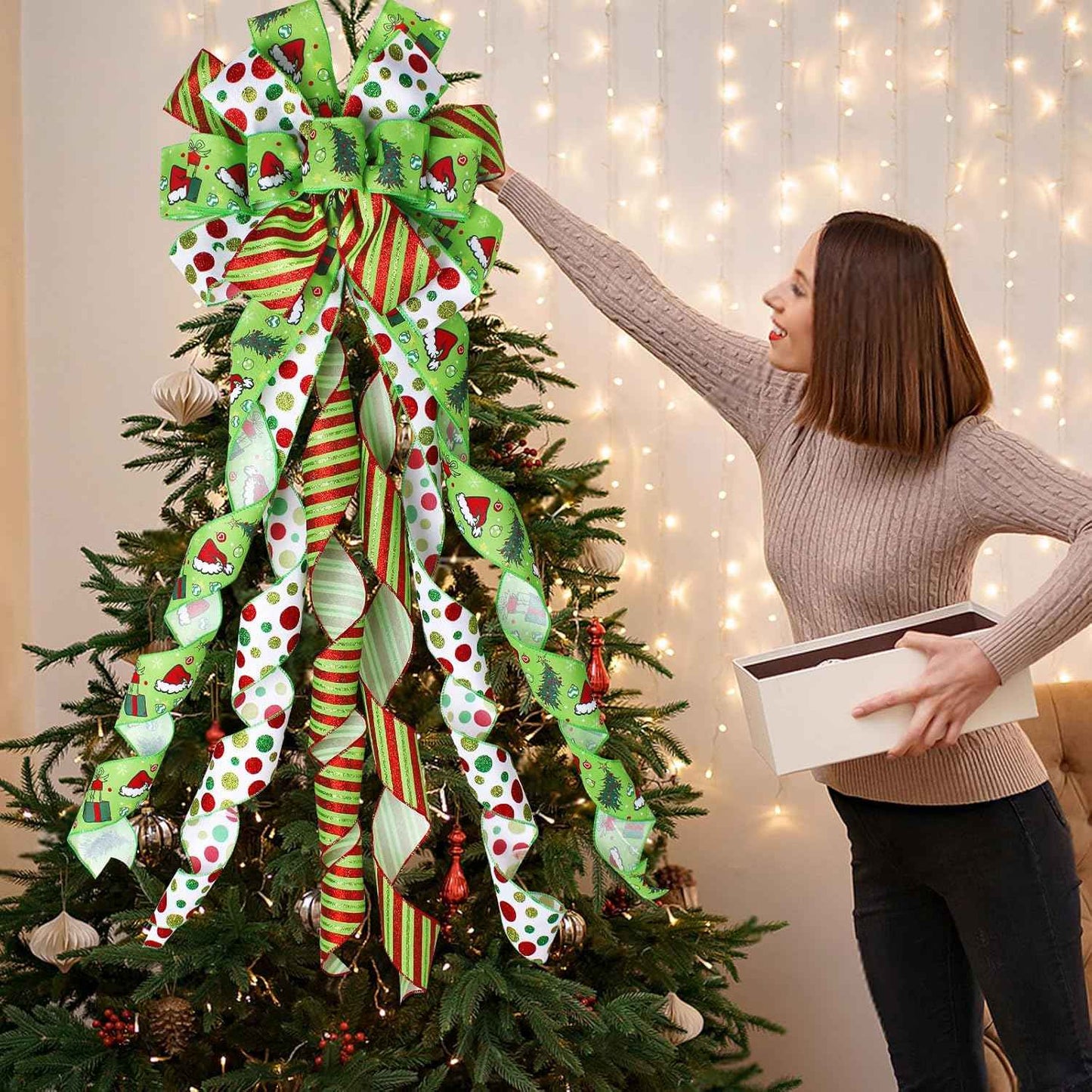 Christmas Tree Topper Bow Wreath, 44 x 13 Inches Large Green Bow Tree Topper,Christmas Wreath for Tree Indoor/Outdoor Christmas Decoration