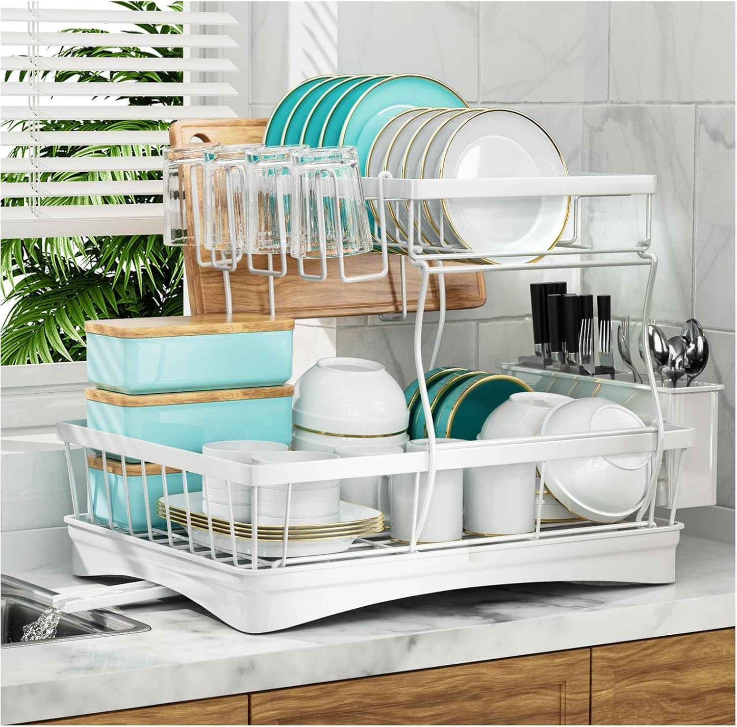 7 code Large Dish Drying Rack for Kitchen Counter, Detachable Large Capacity Dish Drainer Organizer, 2-Tier Dish Racks with Utensil Holder, Black