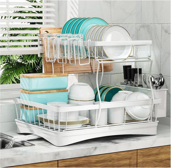 Large capacity 2-tier dish drying rack for kitchen counter