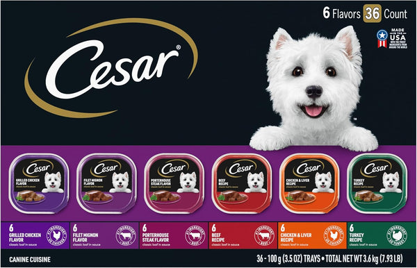 cesar wet dog food classic loaf in sauce variety pack grilled chicken beef chicken liver turkey 3.5 oz easy peel trays 36 count