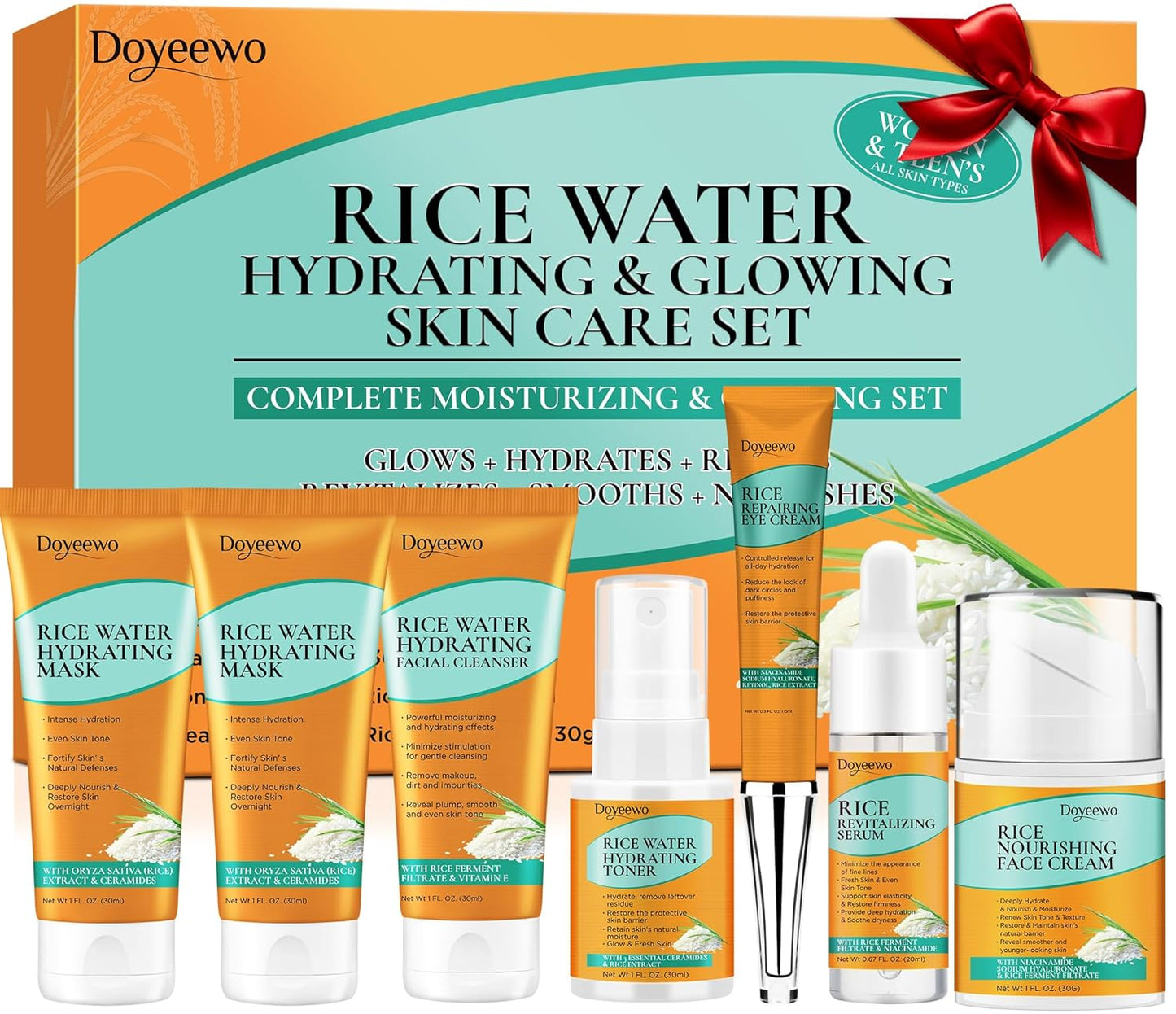 Skin Care Set,6Pcs Women Teen Glass Skincare w/Korean Rice Extract,Hydrate Glow Repair Anti-Aging Facial Routine Kit Self Care Gifts for Women Mom Wife Teenage Girl Her Valentines Day Christmas Gifts