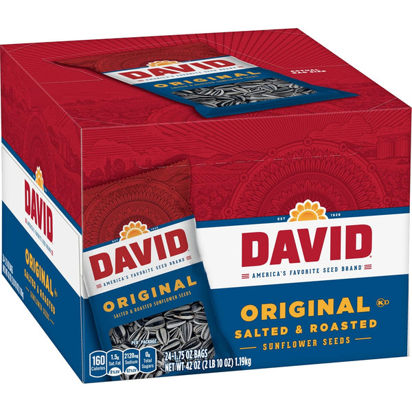 DAVID Original Salted & Roasted Sunflower Seeds, 24-Pack, 1.75 oz Bags, Father's Day Baseball Snack