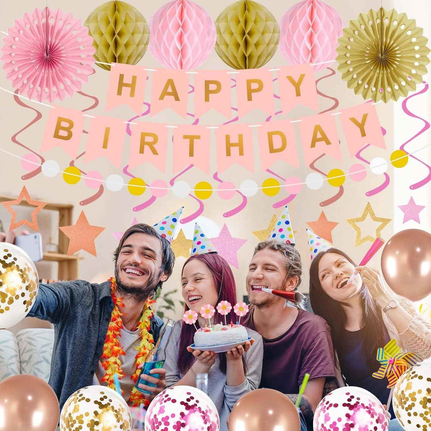 65Pcs Birthday Decorations Happy Birthday Banner Pink Rose Gold Balloons Honeycomb Ball Paper Fans Dots Garland Hanging Swirls Birthday Party Decor for Girls Women Princess
