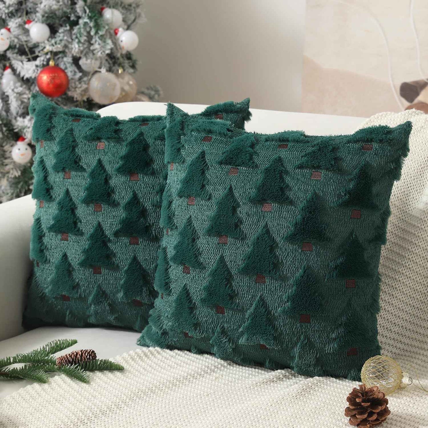 Christmas Pillow Covers 18x18 inch, Set of 2 Soft Plush Faux Fur Wool Throw Pillow Cases with Beige Christmas Tree Design