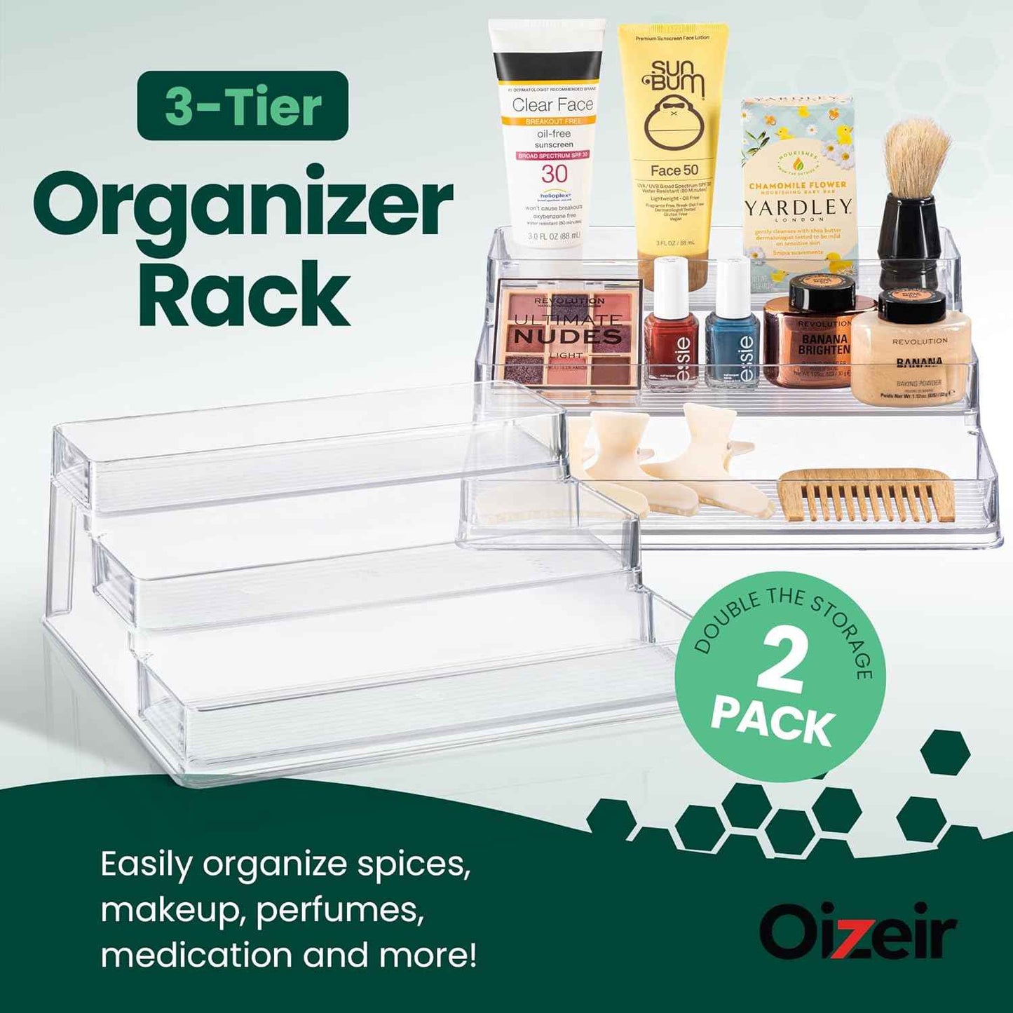 Oizeir Clear Spice Rack (2-Pack) – 3-Tier Acrylic Organizer for Cabinet – Deep Spice Shelf – 10.4 x 9.6 x 4 Inches – Holds Seasoning and Condiments