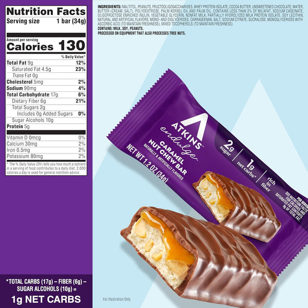 Atkins Endulge Caramel Nut Chew Bar, Low Sugar Snack, 10 Count