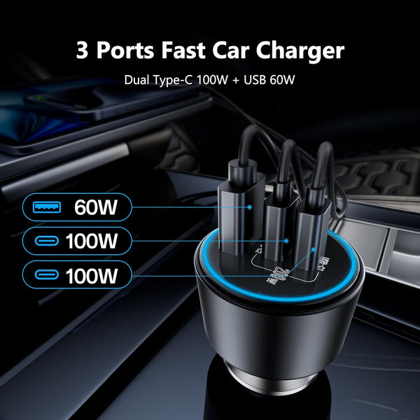 USB C Car Charger Fast Charging 200W, Dual PD 100W Type C Car Charger, PD3.0/QC4.0/PPS Cigarette Lighter Adapter for iPhone 16/15/14/13/12, Galaxy S22/S21 Ultra, MacBook, Laptop etc