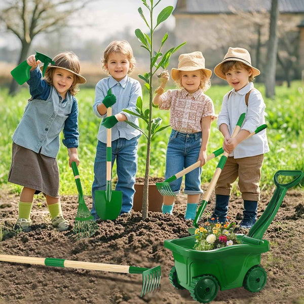 duckura kids gardening tools set 7pcs wheelbarrow set for kids with shovel rake leaf rake summer outdoor yard digging weed birthday gifts toys green