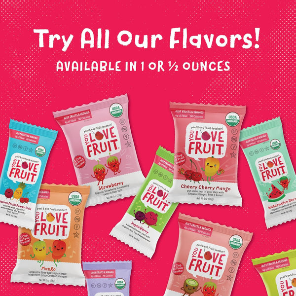 YOU LOVE FRUIT - Fruit Snacks Variety Pack 30 count, 100% Natural Gluten-Free, Vegan, Low Carb, Low Fat Fruit Kosher Snacks for Kids, College Students, Teachers and Offices, Healthy Fruit Snacks (passion fruit, super berry, mango)