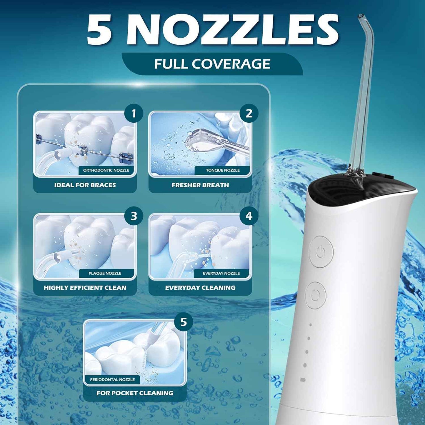 High-Pressure 120PSI Water Dental Flosser with 300ml Reservoir - Portable Water Flosser for Teeth & Gum Cleaning - Rechargeable with 4 Pressure Modes, 1600 Pulses/Minute & IPX7 Waterproof