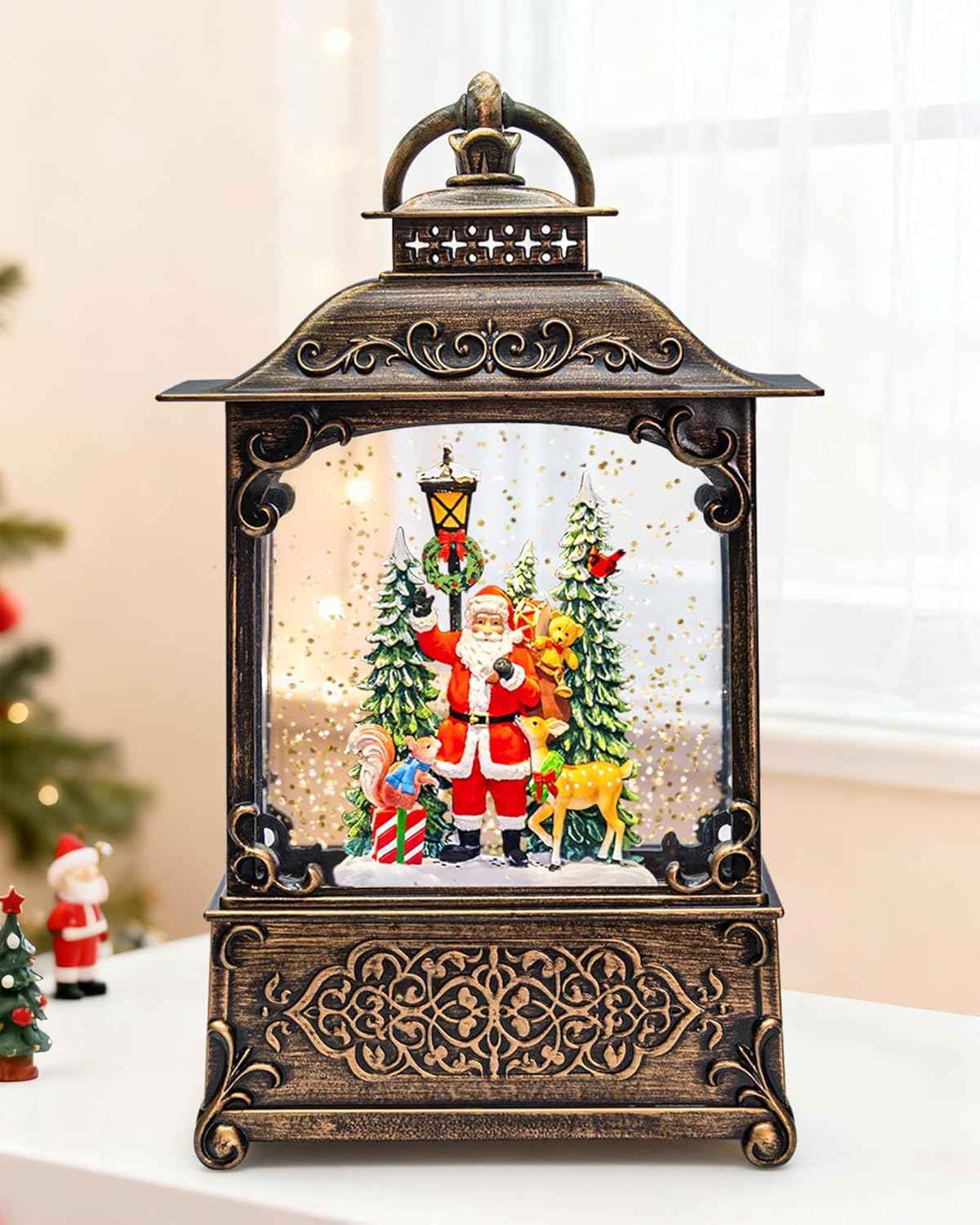 Christmas Santa Snow Globe Light up Lantern with 8 Songs, 9.17" Red Christmas Snow Globes for Kids Adults, 6H Timer & Dual Power, Snowglobes Christmas Decorations Indoor, Gifts for Women Men