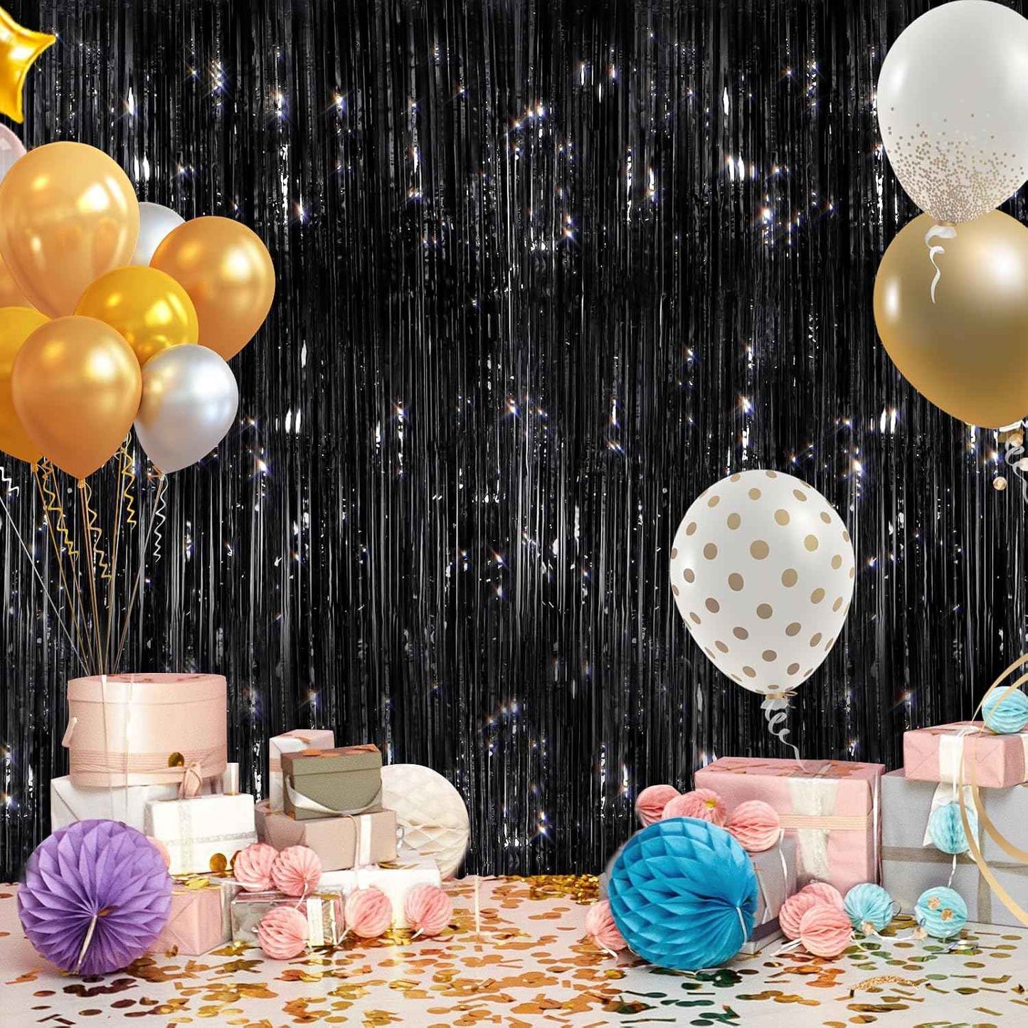 GCB 2Pack Black Metallic Tinsel Foil Fringe Curtains, Black Foil Curtain Backdrop, Photo Booth Props for Birthday Wedding Baby Shower Bachelorette Xmas Celebration Party Decorations Door Streamers