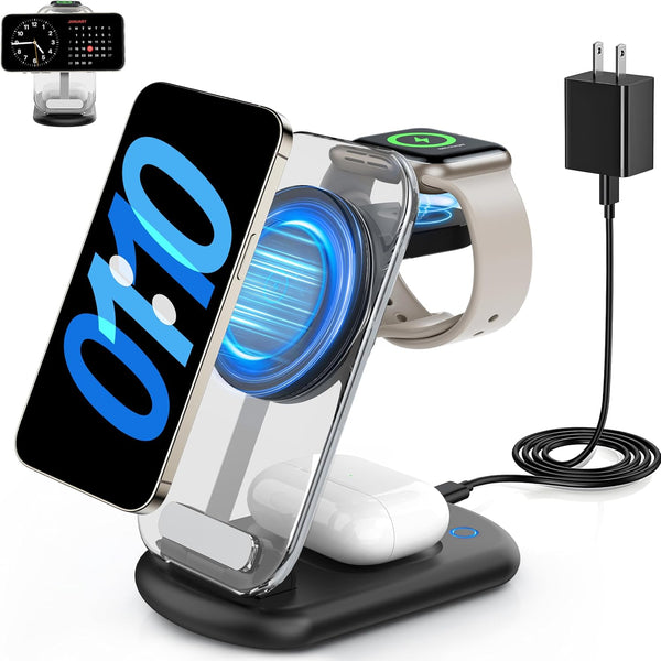 2025 Traveling Wireless Mag-Safe Fast Charging Station,Magnetic 3 in 1 Charger with Light for iPhone 17 16 15 14 13 12 Pro Max Plus,Apple Watch& Air pods 4 3 2 Pro-Gifts for Wife & Husband(White) - Rayz Mart