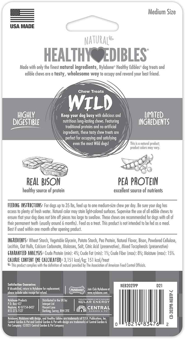 Nylabone Healthy Edibles WILD Natural Longer-Lasting Bison Flavor Bone Chew Treats for Dogs, Medium - Up to 35 lbs (2 Count)