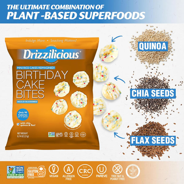 Mini flavored rice cakes in birthday cake flavor, 90 calories per bag, vegan and gluten free