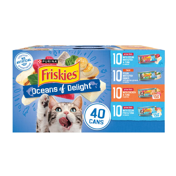 Purina Friskies Wet Cat Food Variety Pack - 40 Cans, 5.5 oz each, Oceans of Delight Flaked and Filets