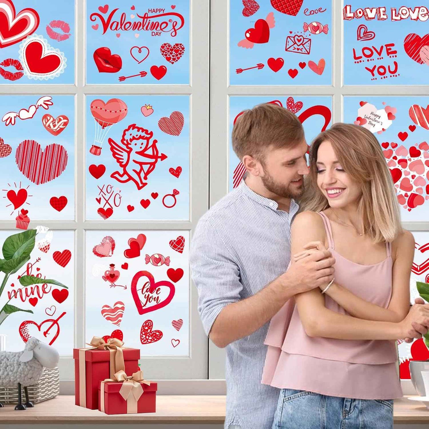 Valentines Day Window Clings Decor, Valentines Day Decorations, Red Heart Stickers for Home, Office, Classroom, Romantic Cupid Decals Décor, 9 Sheets