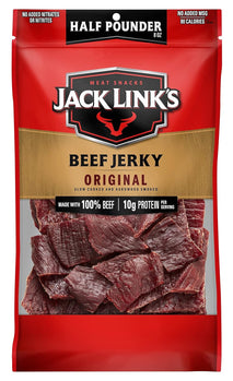 jack links beef jerky original half pounder large jerky bag, 10g protein, 100% beef