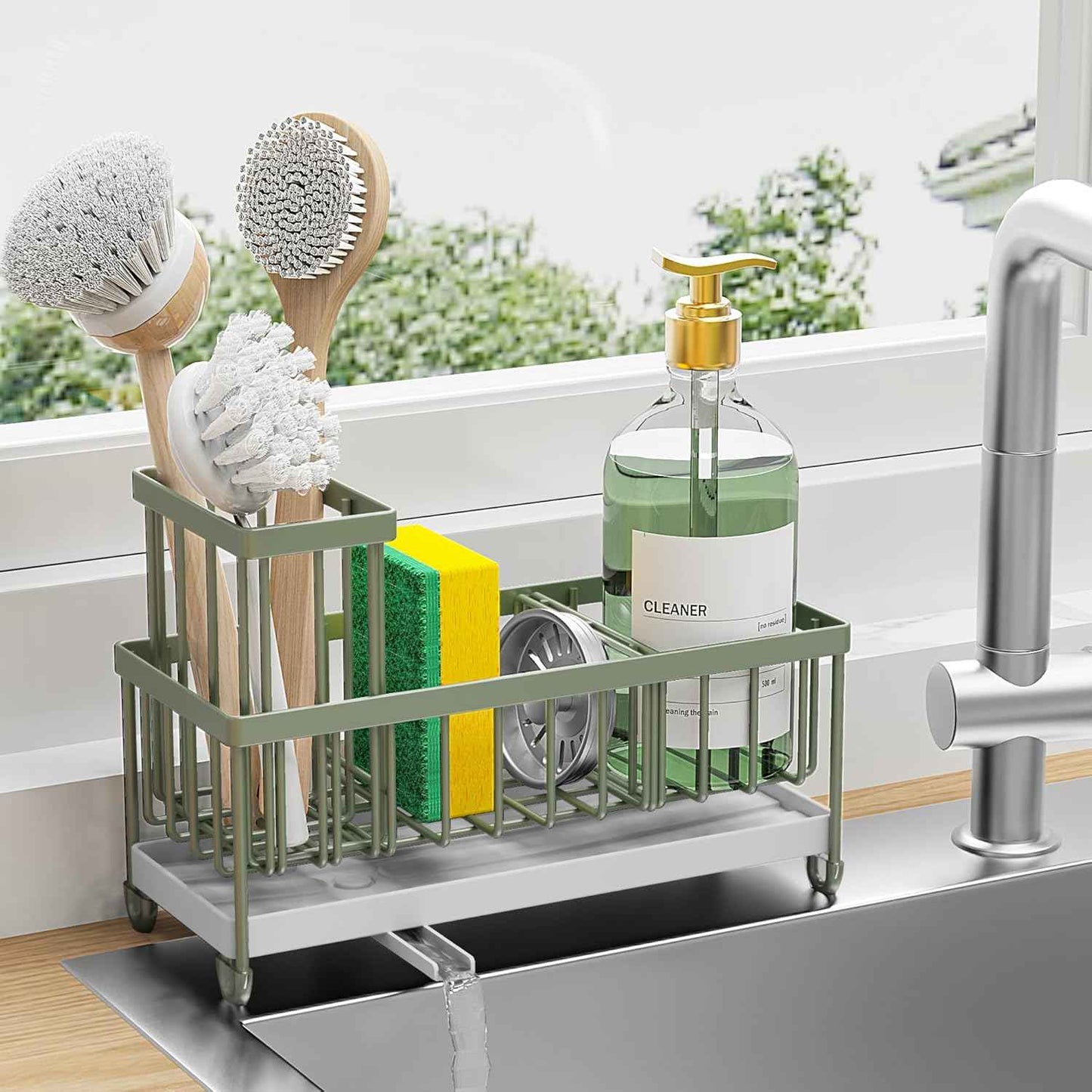 Cisily Silver Sponge Holder for Kitchen Sink, Sink Caddy Organizer with High Brush Holder, Kitchen Countertop Organizers and Storage Essentials, Rustproof 304 Stainless Steel, Soap Dispenser Organize