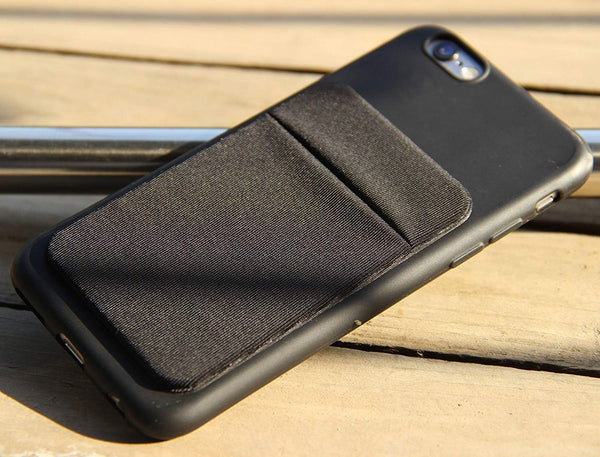 Cell phone card holder with stretchy fabric and self-adhesive sticker for back of phone