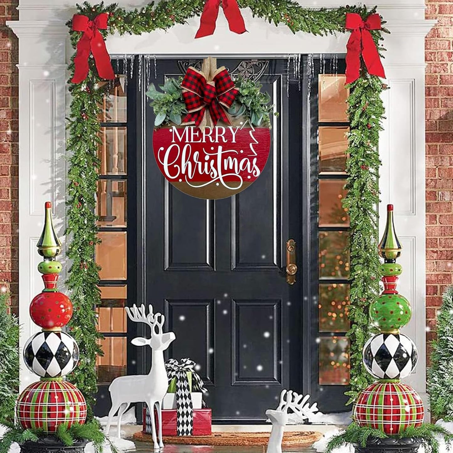Merry Christmas Wreath Hanging Sign for Front Door, Wooden Welcome Wreaths Sign with Bow for Holiday Rustic Farmhouse Outdoor Wall Window Decor (Merry Christmas)