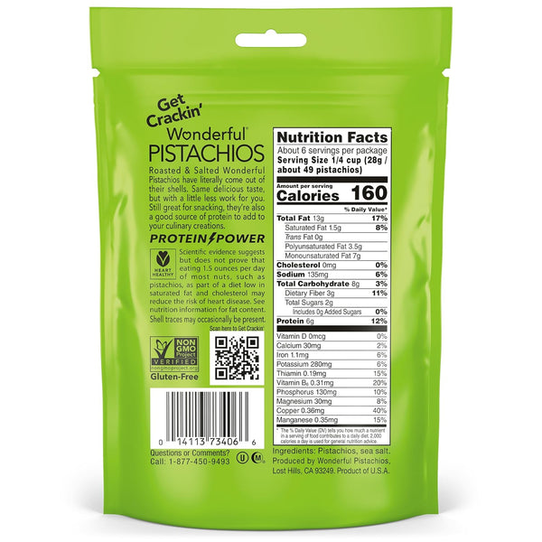 Wonderful Pistachios No Shells, Roasted & Salted Nuts, 6 Ounce Resealable Bag