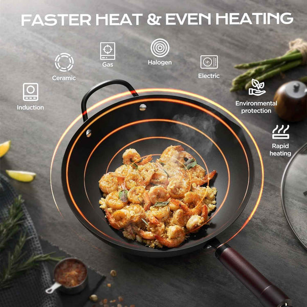 Wok, 13 Inch carbon steel woks & stir-fry pans nonstick, Pre-Seasoned 5.8QT Flat Bottom Chinese Wok Paella Pan with lid, Carbon Steel Cookware, Compatible with All Cooktops