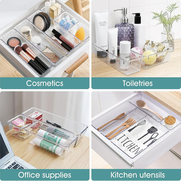 Clear Plastic Drawer Organizer Set for Desk, Kitchen, Bedroom, Bathroom, Office