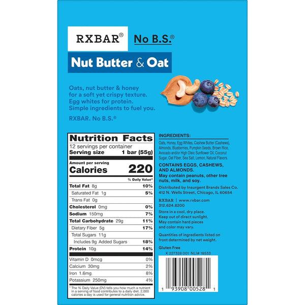 RXBAR Nut Butter and Oat Protein Bars, 12 Count, 23.2oz Box
