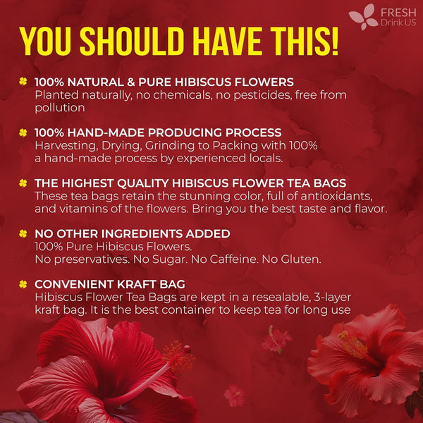100% Natural Hibiscus Flowers Tea Bags, Loose Flower Herbal Tea, No Sugar, No Caffeine, No Gluten, Vegan