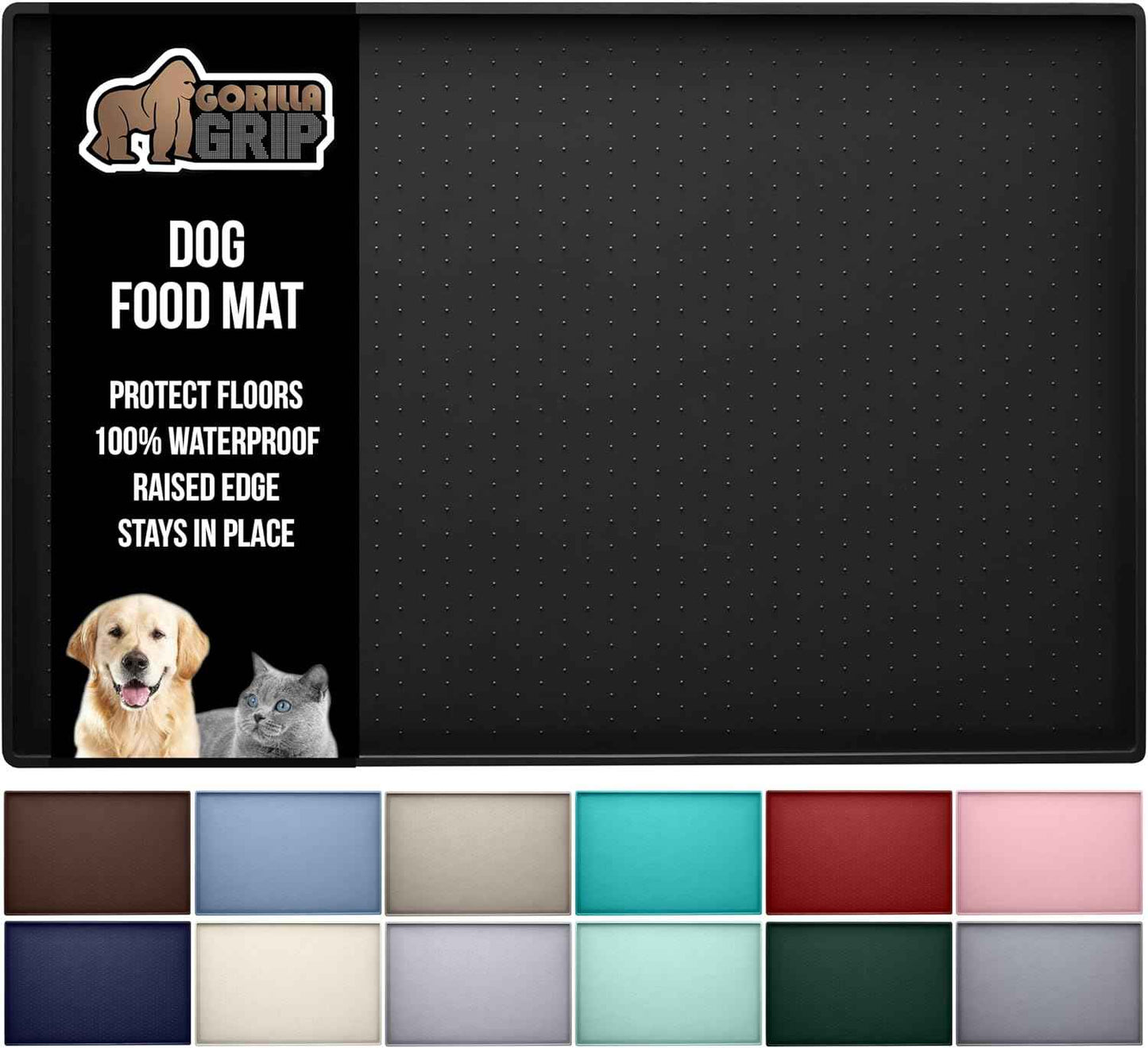 GORILLA GRIP 100% Waterproof Raised Edge BPA Free Silicone Pet Feeding Mat, Dog Cat Food Mats Contain Spills Protects Floors, Placemats for Cats and Dogs Water Bowl, Pets Accessories 18.5x11.5 Gray