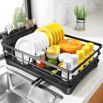 Large capacity dish drying rack for kitchen counter with utensil holder and efficient drainage