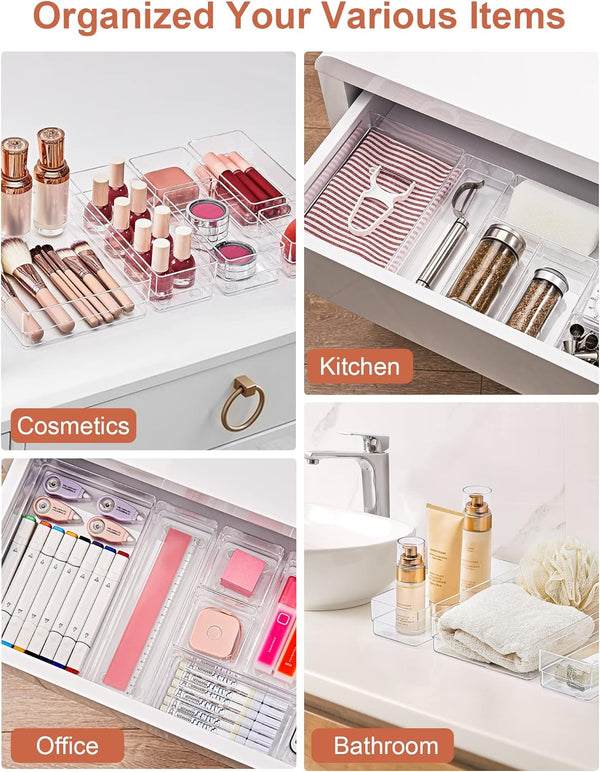 22-piece drawer organizer set with non-slip silicone pads and clear desk trays