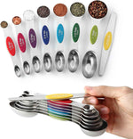 Spring Chef Stainless Steel Magnetic Measuring Spoons Set with Strong N45 Magnets, Heavy Duty Metal Kitchen Gadgets for Baking & Cooking, Fits in Most Kitchen Spice Jars, Set of 8 with Leveler, Black