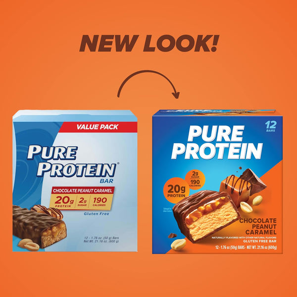Pure Protein Chocolate Peanut Caramel Bars - 20g Protein, 3g Sugar, 190 Calories, 12 Count, Gluten Free