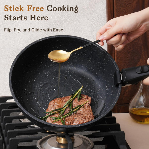 15-Piece Non-Stick Cookware Set with Detachable Handles and Oven Safety