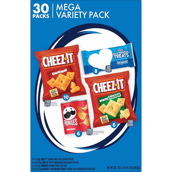Kellogg's Cheez-It, Pringles & Rice Krispies Treats Snacks Mega Variety Pack, 30.1oz Box, 30 Count, Assorted Flavors