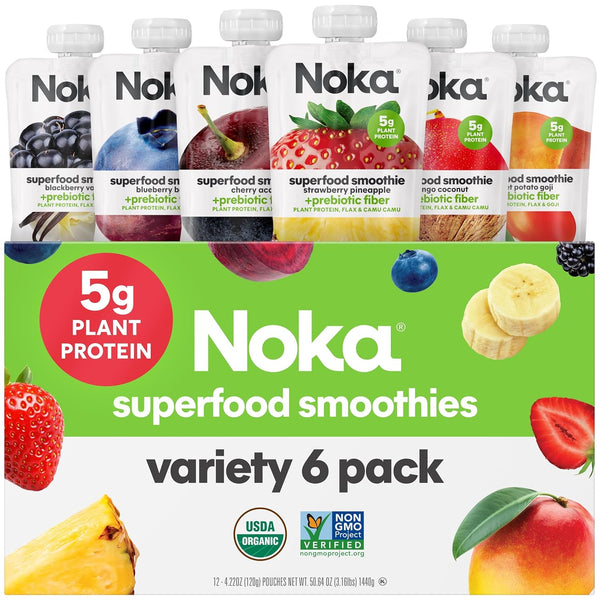 Noka Superfood Fruit Smoothie Pouches Variety Pack, 12 Count, 4.22 oz, Made in USA