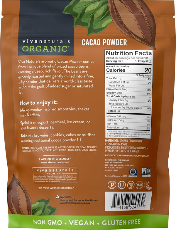 Organic Unsweetened Cacao Powder 1 lb (454 g) Rich Dark Chocolate Flavor Vegan Keto Paleo Non-Gmo Gluten-Free