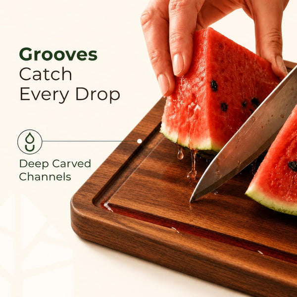 Acacia Wood Cutting Board Set of 3 with Holder and Juice Grooves for Kitchen Use