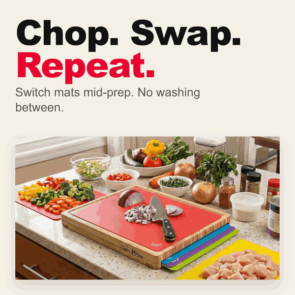 Bamboo cutting board set with 6 color-coded flexible mats for kitchen meal prep