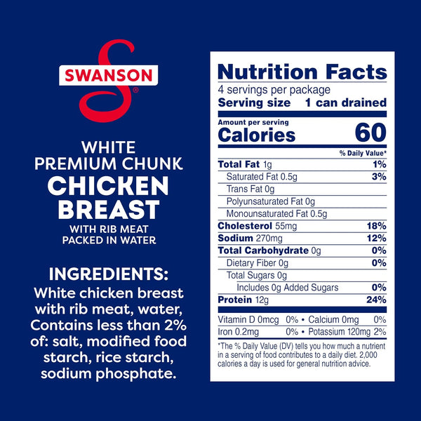 Swanson White Premium Chunk Chicken Breast in Water, 4.5 oz, Pack of 4