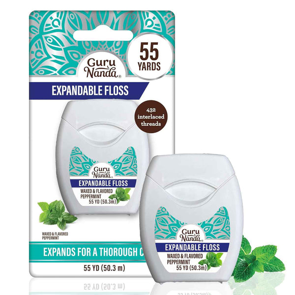 GuruNanda Expandable Waxed Dental Floss for Gentle, Deep Cleaning Wide Teeth Flossing - Cinnamon Flavor - 55 Yards