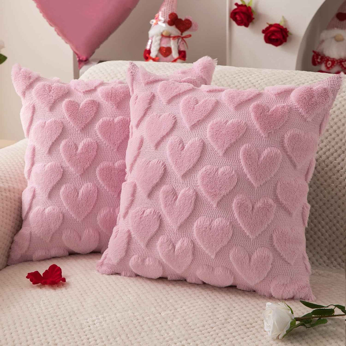 DFXSZ Valentines Pillow Covers 18x18 inch Set of 2 Valentines Day Decoration Red Heart Soft Plush Faux Fur Jacquard Throw Pillows for Bedroom Sofa Holiday Festivals Home Decor PTK017A18