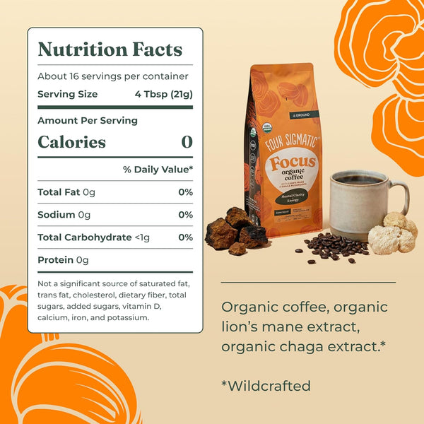 Four Sigmatic Organic Focus Mushroom Ground Coffee Dark Roast with Lion's Mane & Chaga Mushroom for Mental Clarity & Energy Support 12oz Bag