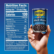 Bush's Best 15 oz canned black beans, gluten-free, low fat, source of plant-based protein and fiber, pack of 12